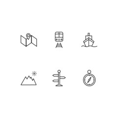 Outline symbol in modern flat style suitable for advertisement, books, stores. Line icon set with icons of map, train, ship, mountains, direction pointer, compass