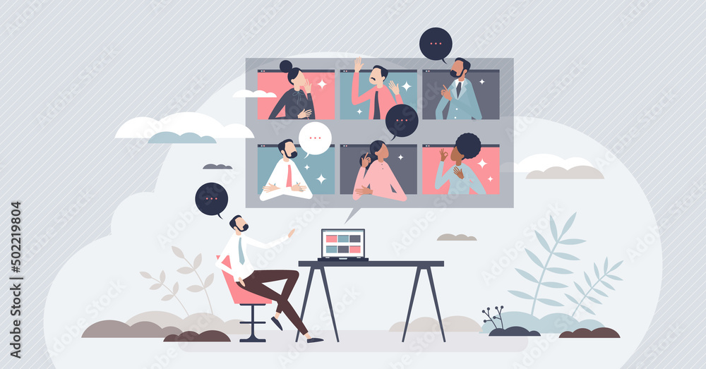 Poster virtual business event and video call connection for team tiny person concept. distant company emplo