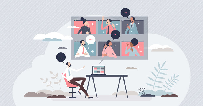 Virtual business event and video call connection for team tiny person concept. Distant company employees meeting and discussion as smart online solution for remote communication vector illustration.