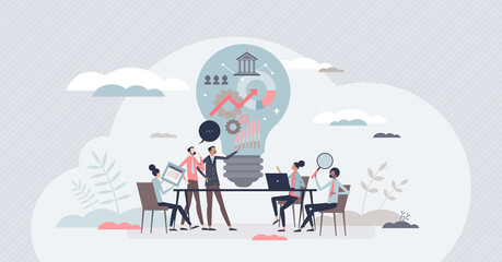 Project strategy and startup company development meeting tiny person concept. Teamwork and brainstorming about effective goals and targets vector illustration. Work organization with leader guidance.