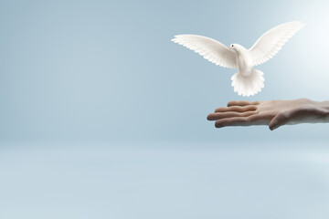 White dove flying out of hand on blue background. 3D rendering image.