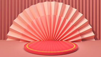 mock up red circle in which to place a product sample. On a pink fan-shaped pastel background,3D rendering