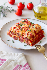 Cannelloni with meat, cheese, tomatoes and thyme. Italian cuisine.