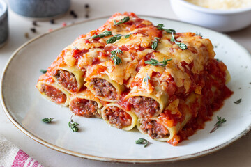 Cannelloni with meat, cheese, tomatoes and thyme. Italian cuisine.