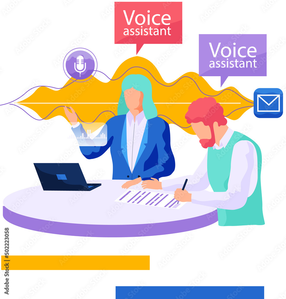 Poster voice assistant. smart speaker virtual assistant, sound robot, people using voice controlled smart s