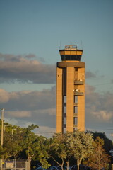Air traffic control tower at the airport, at sunset, in Fort Lauderdale, Florida, USA