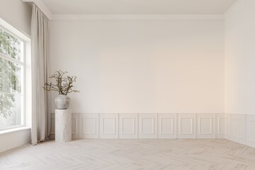 3d minimalistic white classic interior, space with a large window, panel on the wallvase with flowers, parquet on the floor. 3D rendering illustration mockup.
