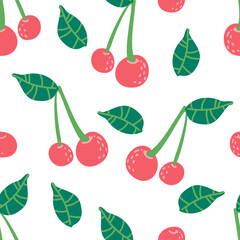 Cherry seamless vector pattern repeating background with summer fruit, berry use for fabric gift wrap packaging. Berries fruit summer background