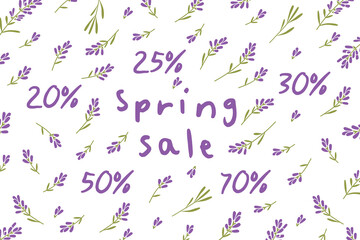 Spring sale. Promotional banner with hand drawn lavender flowers. Vector.