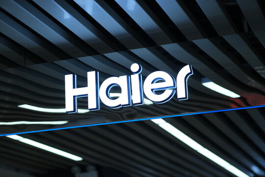 Shanghai,China-Feb. 12th 2022: close up Haier brand logo sign in store. A Chinese home appliances and consumer electronics company