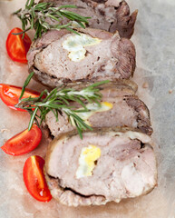 boiled pork meat with egg baked inside