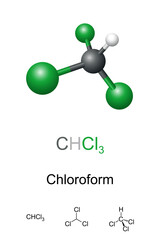 Chloroform, trichloromethane, ball-and-stick model, molecular and chemical formula. CHCl3, organic compound, powerful anesthetic, euphoriant, anxiolytic, sedative, precursor to PTFE and refrigerants.