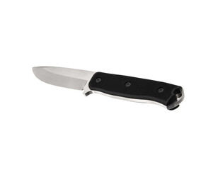Modern hunting knife with silver blade and rubber handle. Steel arms. Isolate on a white back