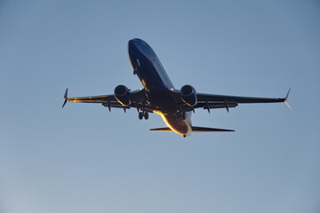 Commercial jet flying, in silhouette, in the evening, in Fort Lauderdale, Florida, USA