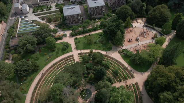 Playground in Thabor gardens, Rennes in France. Aerial drone