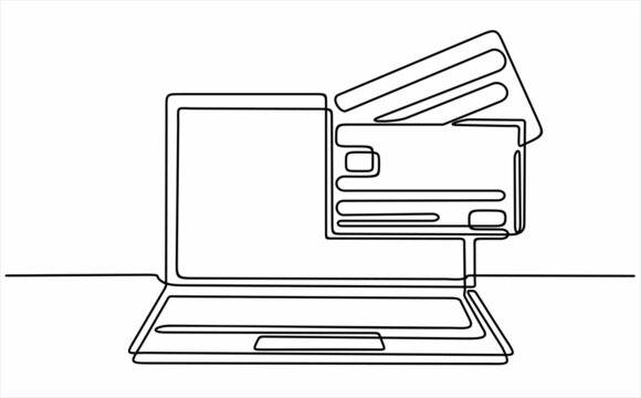 one line drawing of laptop computer with credit cards as business concept of online shopping. Can used for logo, emblem, slide show and banner.