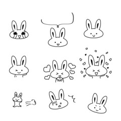 イラスト素材セット:かわいいウサギのキャラクターのカットイラスト11　白黒うさぎ/主線あり/ペン字

