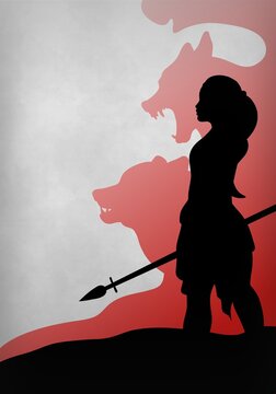 Woman warrior and the wolves. Fantasy silhouette art