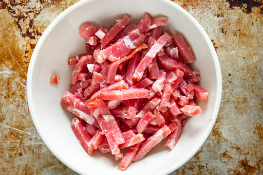 bacon slice pieces pork meat fresh meal food snack on the table copy space food background rustic 