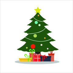 Christmas background with decorated tree and gift boxes , flat vector illustration.