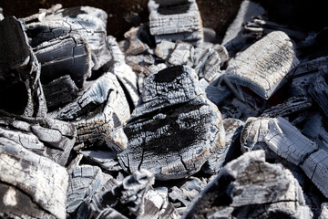a fire made of logs with a bright flame at a camping while cooking