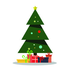 Christmas background with decorated tree and gift boxes , flat vector illustration.