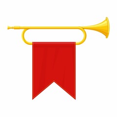 Golden horn trumpet musical instrument isolated on white background. Royal fanfare with triumphant flag for play music. Vector illustration © photoplotnikov