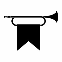 Horn trumpet icon musical instrument isolated on white background. Royal fanfare with triumphant flag for play music. Vector illustration - obrazy, fototapety, plakaty