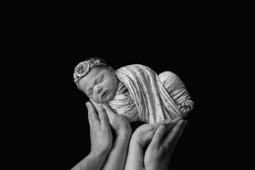little cute newborn baby girl lying on mom's and dad's arms. Black and white card.
