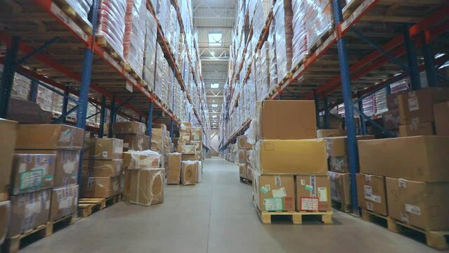 Modern warehouse. industrial interior. Large warehouse in the factory. High shelves in warehouse