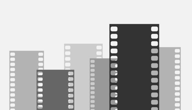 The city of cinema. Cinematic film that forms a neighborhood with buildings. Multiplex. Vector filmstrip, pattern and illustration