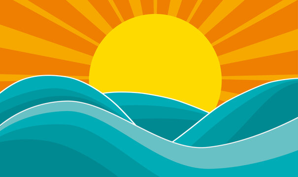 Abstract summer background, sun and wave, stormy sea. Vector illustration with copy space