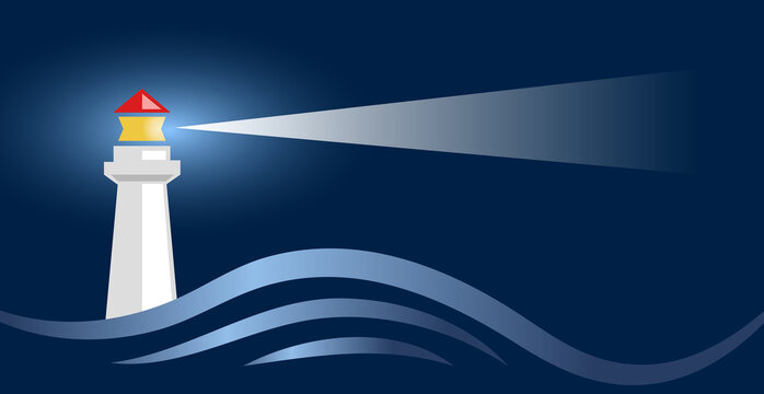 lighthouse on a stormy night in blue background. vector banner