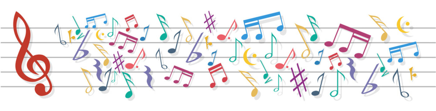 Musical staff with massed colored notes. The chaos of music, out of tune. Vector banner and pattern