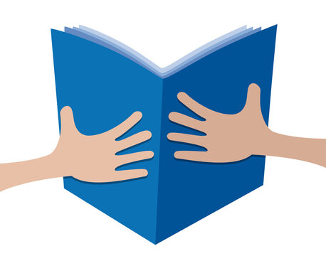 Hands holding an open book. Read a novel, study. Cartoon style. Abstract illustration, vector pattern