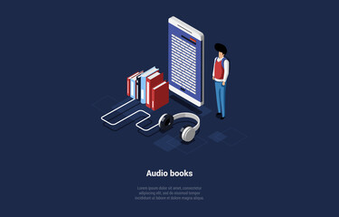 Concept Of Audio Book App And Self-Education. Tiny Cartoon Character Near Big Smartphone With Books And Headphones. Internet library And Learning foreign languages. Isometric 3d Vector Illustration