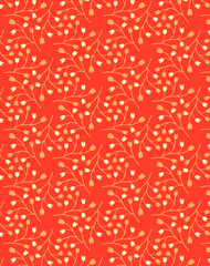 Cute folk floral background with simple white and beige flowers on a red – orange  background Retro design print