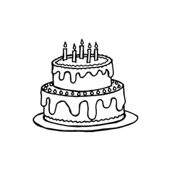 Birthday cake with candles. Hand drawn vector illustration