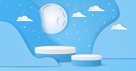 Paper cut of white and blue color cylinder podium for products display presentation. Moon with clouds and shooting star for baby boy shower card, banner. Vector illustration © jintana