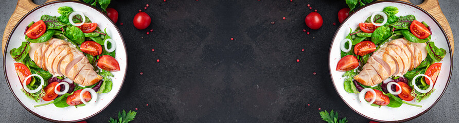 salad chicken meat vegetable tomato, chicken breast, green mix leaves lettuce meal food snack on the table copy space food background 