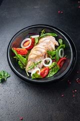 salad chicken meat vegetable tomato, chicken breast, green mix leaves lettuce meal food snack on the table copy space food background 