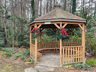 Wooden gazebo and holiday decor