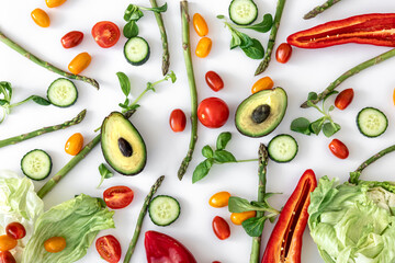 Flat lay, vegetables on white background, food and diet concept.