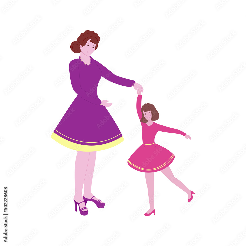 Poster modern young mother with her daughter dancing together on white background.