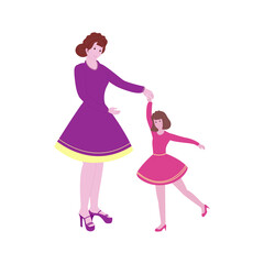 Modern Young Mother With Her Daughter Dancing Together On White Background.