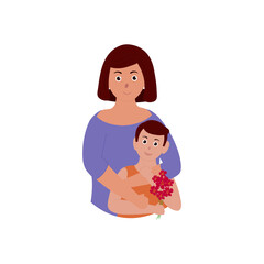 Modern Young Lady With Little Boy Holding Flowers On White Background.