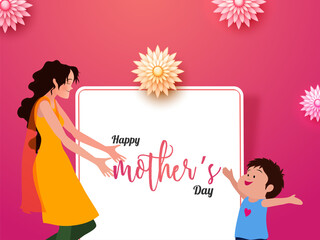 Happy Mother's Day Concept With Young Lady Saying Come Here My Son On White And Gradient Pink Background.