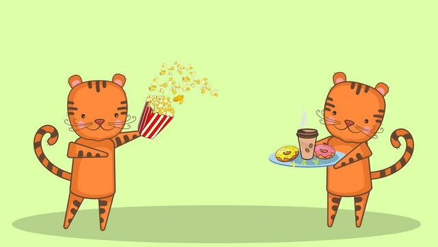 
Animation, funny animals. Two cute tiger cubs are playing shop and seller.
