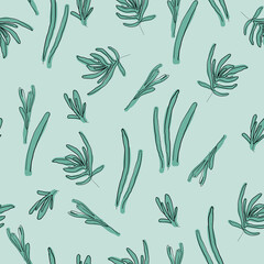 Vector green leaves lavender seamless pattern background.