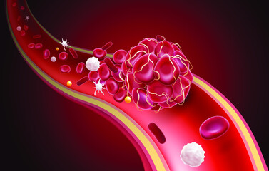 3D illustration of a blood clot in a blood vessel showing a blocked blood flow with platelets and white blood cells in the image. medical use education and science - obrazy, fototapety, plakaty